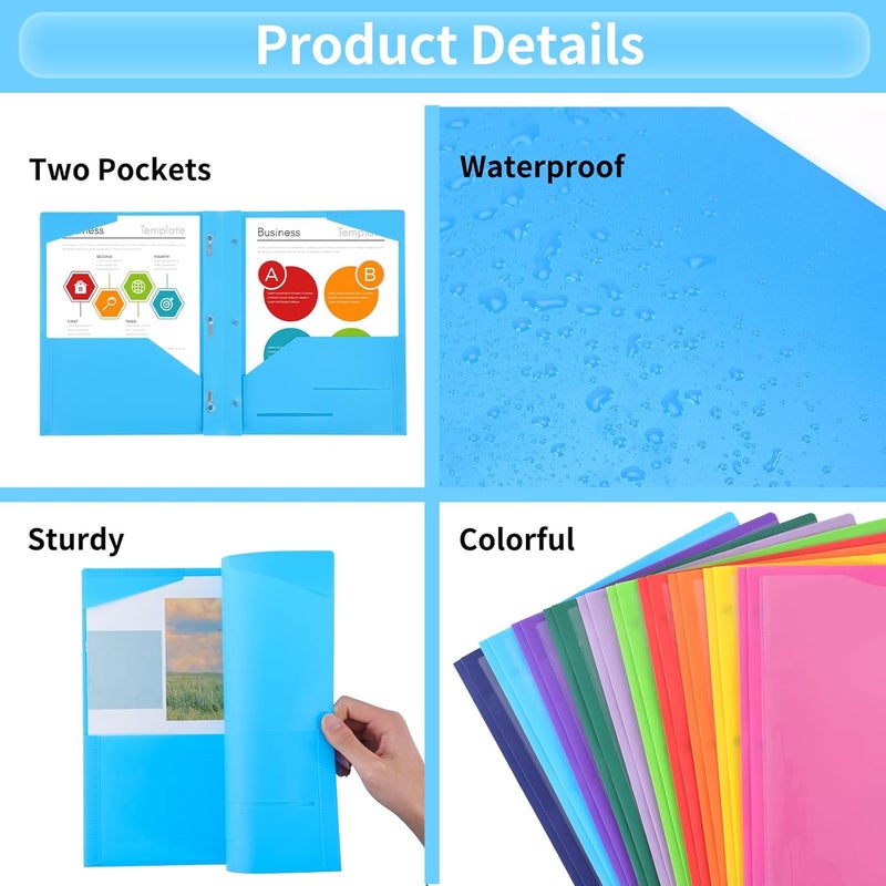 EOOUT 20 Pack Pocket Folders with Prongs, 10 Colors Heavy Duty File Folders with Clear Front Pocket for Letter Size Paper, Poly Folders with Business Card Slot for School Home and Office - Image 3